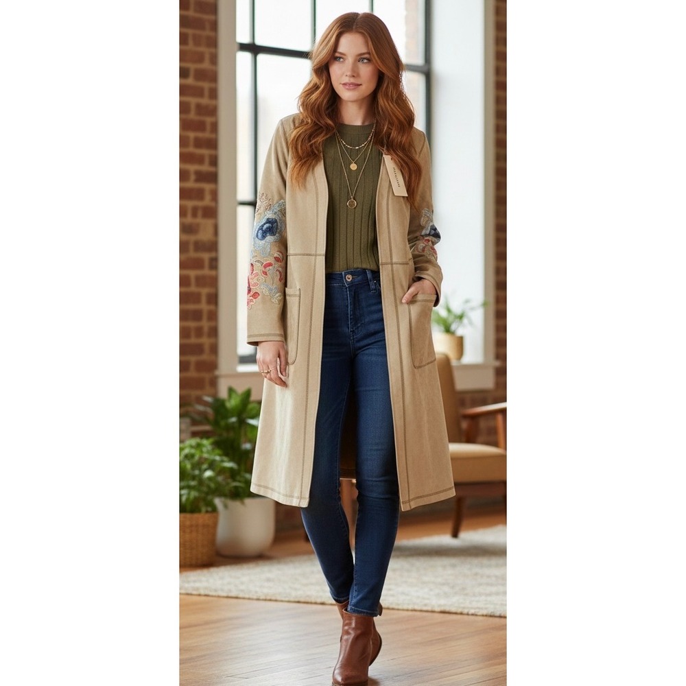Solitaire Women's M Vegan‎ Suede Cardigan Jacket Boho Floral Embroidered